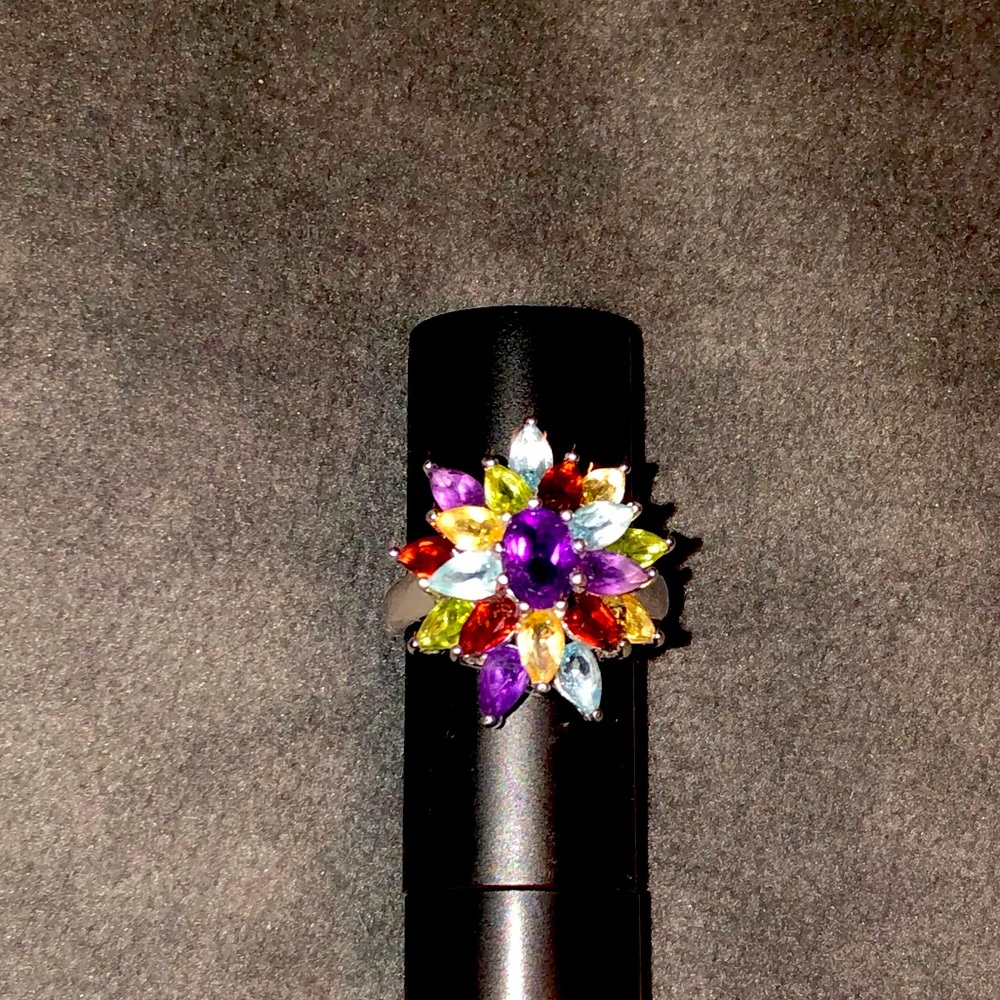 Sterling Silver Gemstone Floral Cluster Ring - Picture 4 of 6